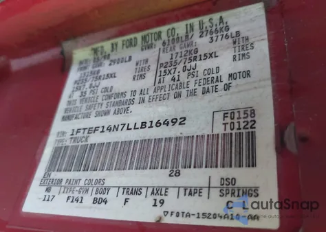 1990 Ford F150 из США, поврежденный, VIN 1FTEF14N7LLB16492